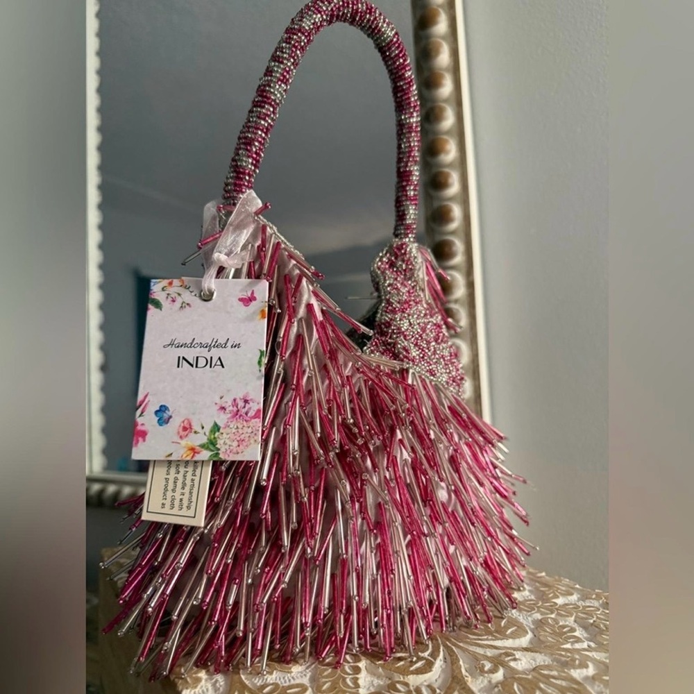 Handcrafted Pink Beaded Fringe Purse Made in India NWT – Boho Evening Bag - Picture 3 of 5